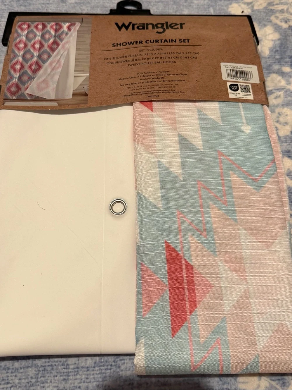 Wrangler Pink & Light Blue Geometric Shower Curtain Set with White Liner